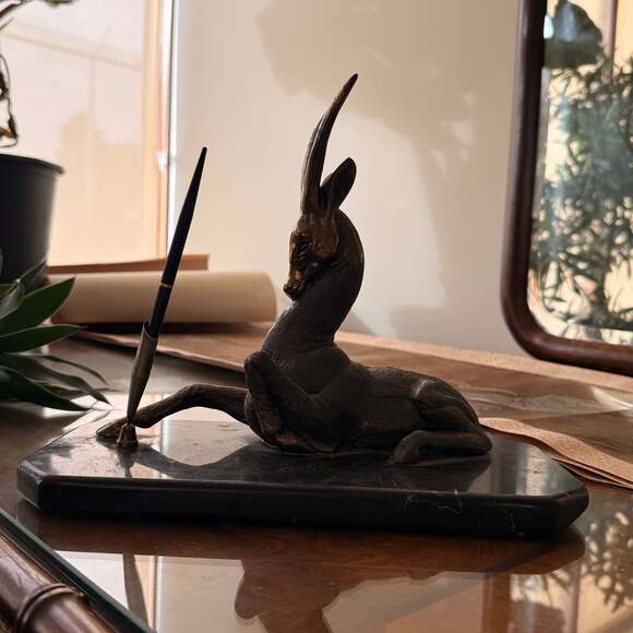 Vintage French Art Deco Spelter Gazelle Statue on Marble Base Pen Holder - Picture 3 of 7